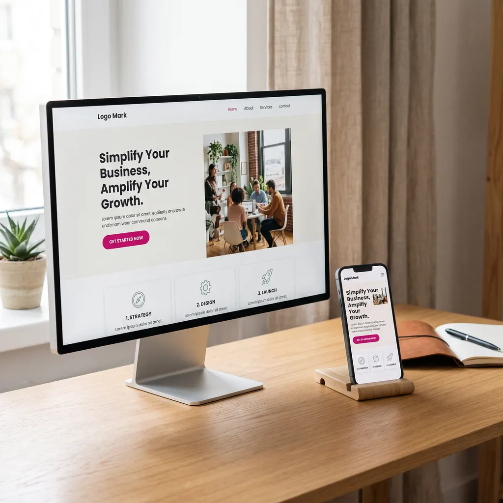 A monitor and a phone on a warm wooden desk, both showing the same clean website layout